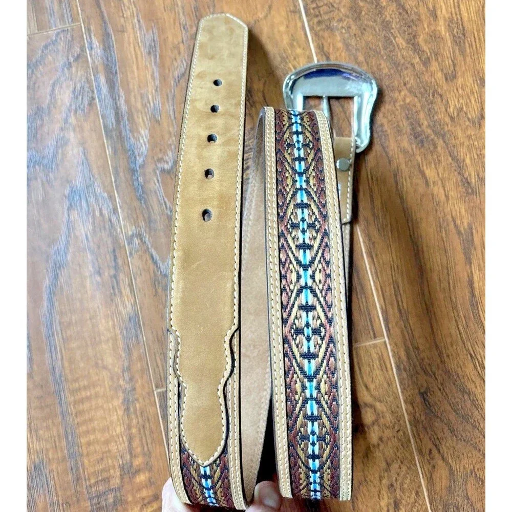 Nocona Leather Belt Men 42 Brown Turquoise Blue Embroidered Overlay N2474844